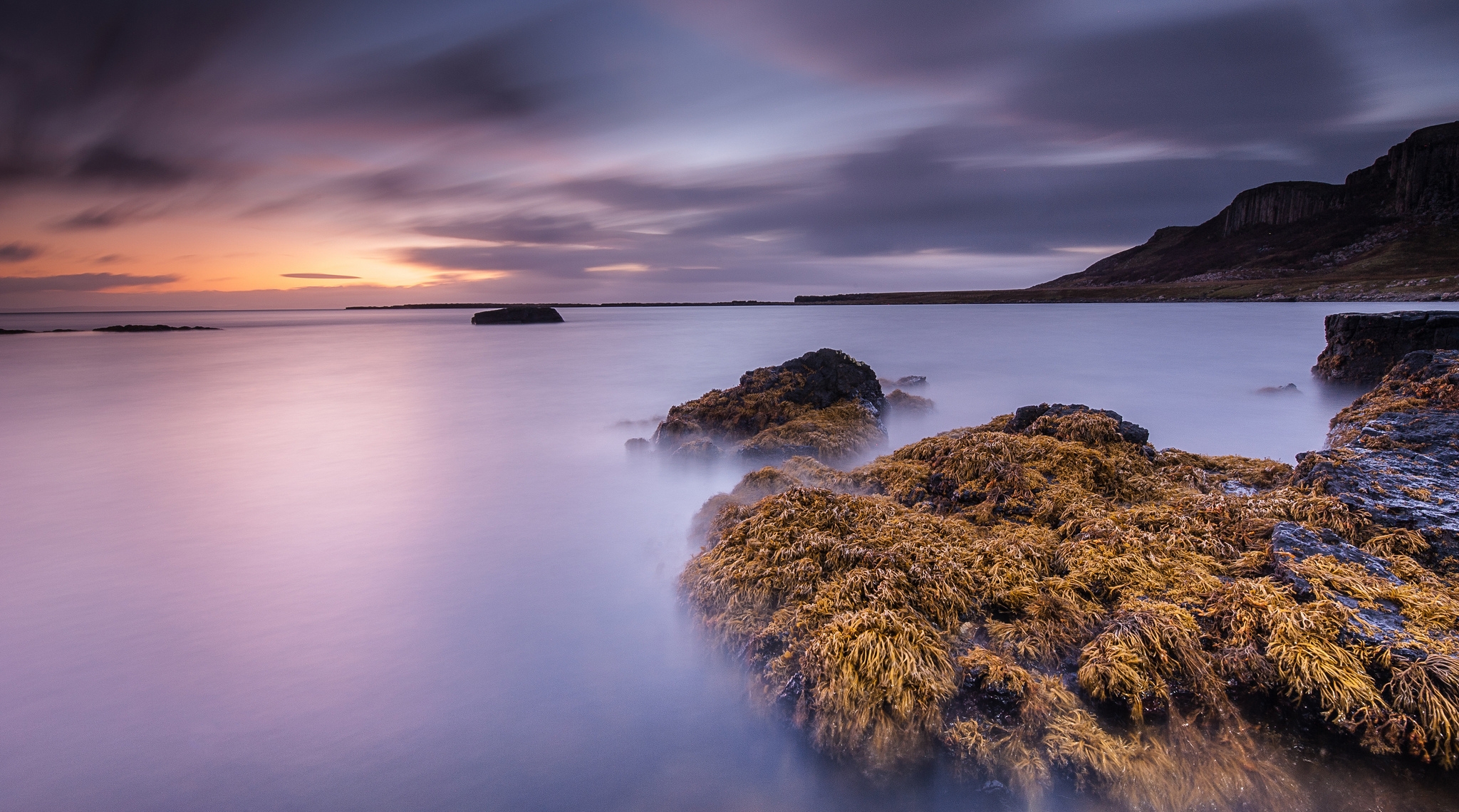 bay, stones, seaweed, dawn, surface water