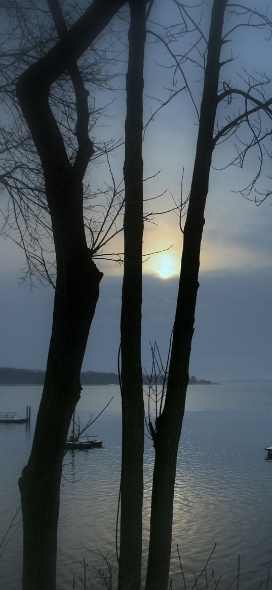 sunset, lake, mist, landscape