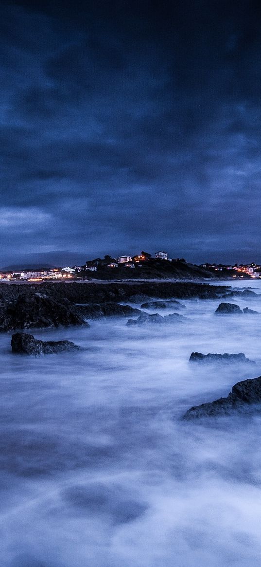 sea, night, moon, clouds, rocks, shore, lights