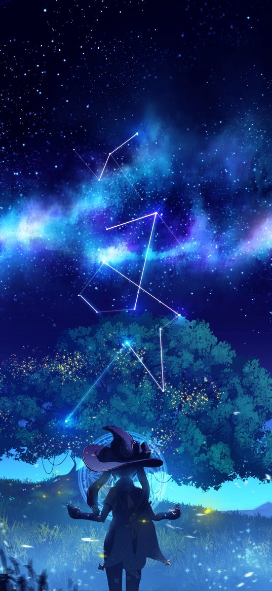 girl, anime, art, witch, signs, magic, field, starry sky