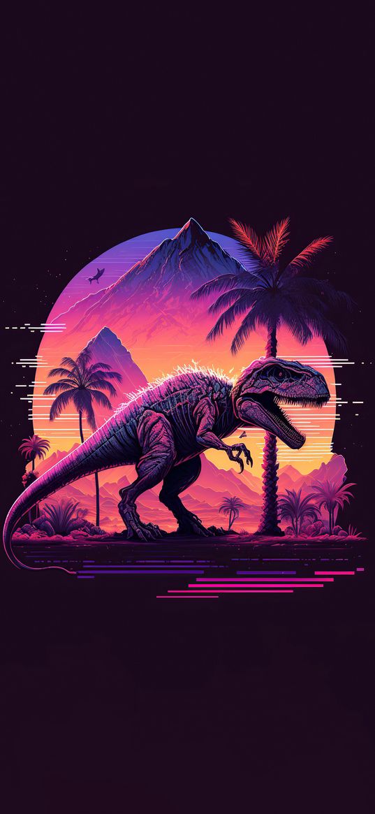 palm trees, mountains, dinosaur, retro, art