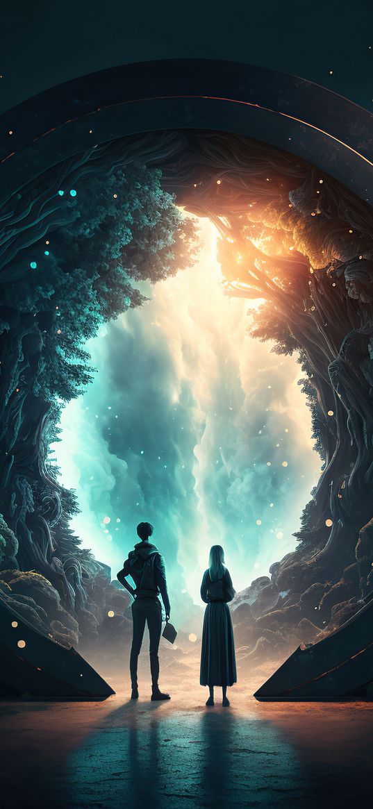 girl, guy, portal, waterfall, trees, light, art