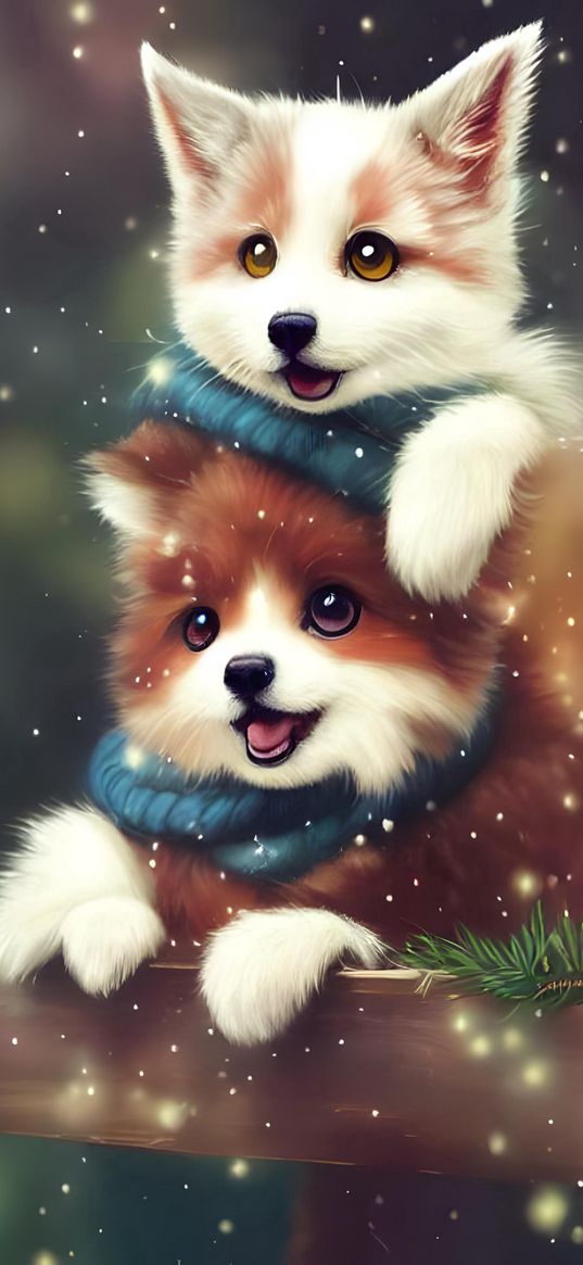 puppies, dogs, scarves, snow, art