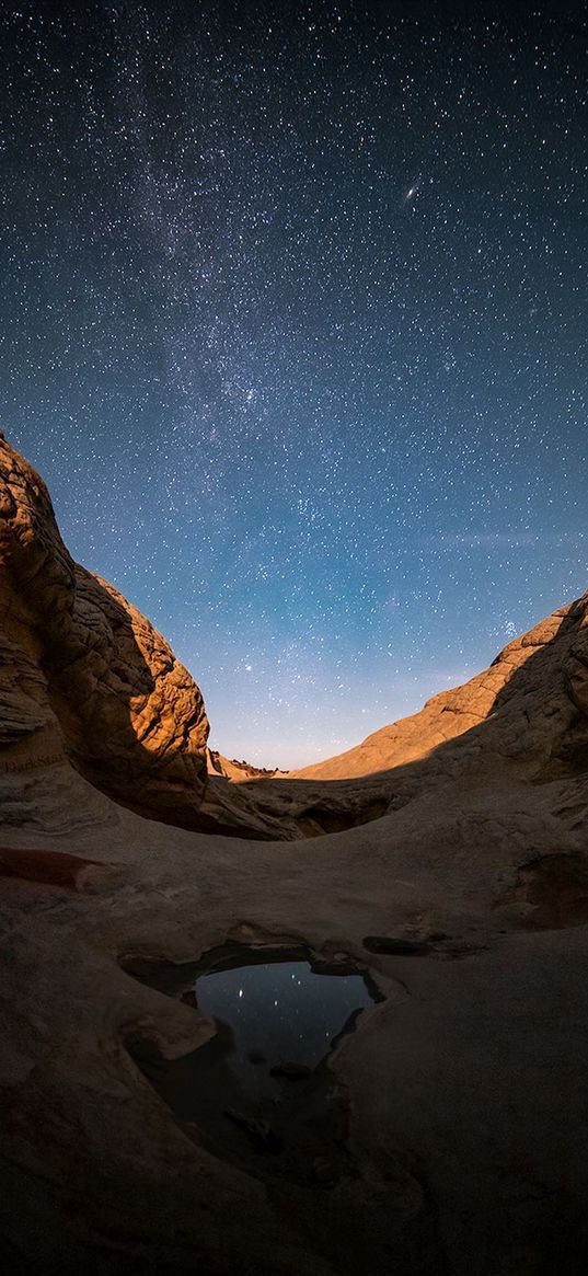 lake, rocks, canyon, milky way, starry sky, stars, night, landscape, nature