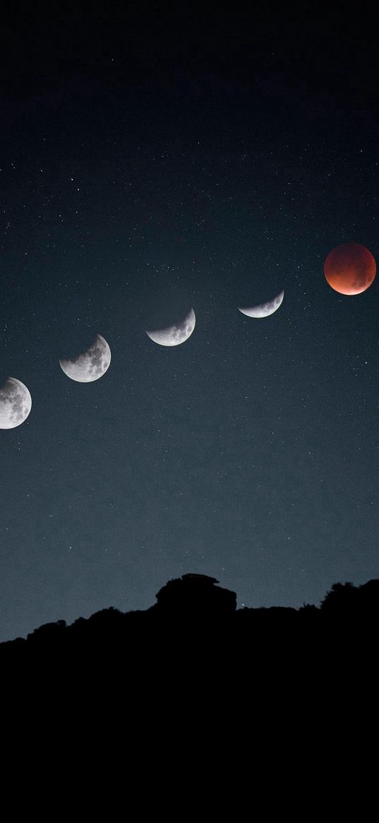 hill, darkness, moon phases, starry sky, stars, night, nature