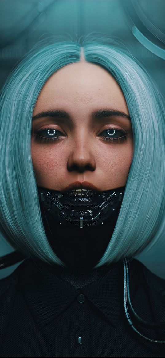 girl, blue hair, cyborg, robot, wires, shirt, sky-fi, cyberpunk, art