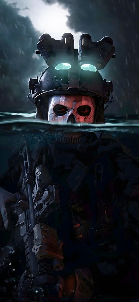 ghost, call of duty, game, soldier, special forces, mask, skull, water, rain, clouds, art