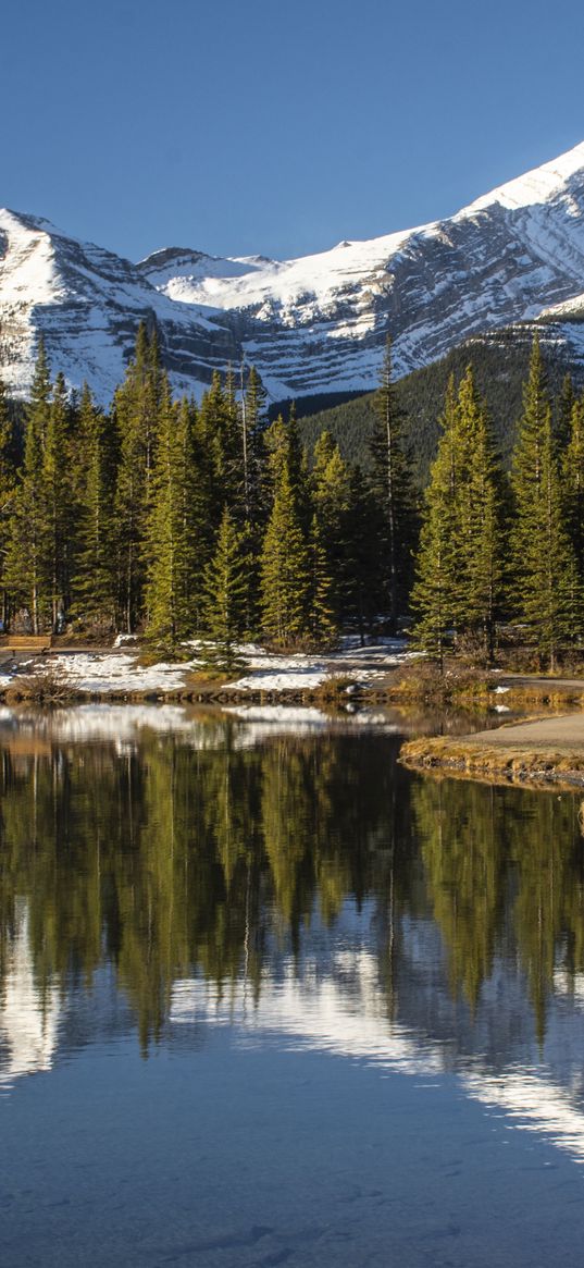 lake, mountain, shore, trees, landscape, canada