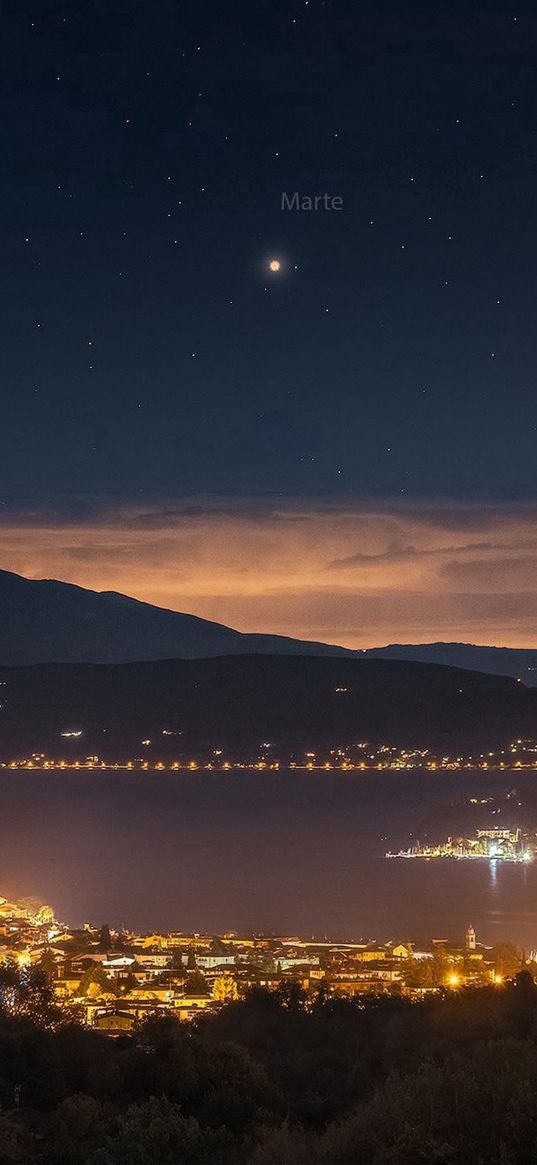 city, lights, river, hills, sunset, sky, mars, night, stars