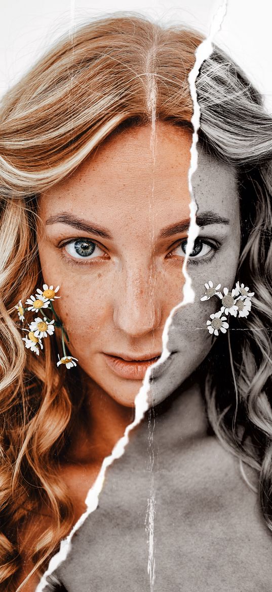 girl, portrait, daisies, flowers, half, black and white, color