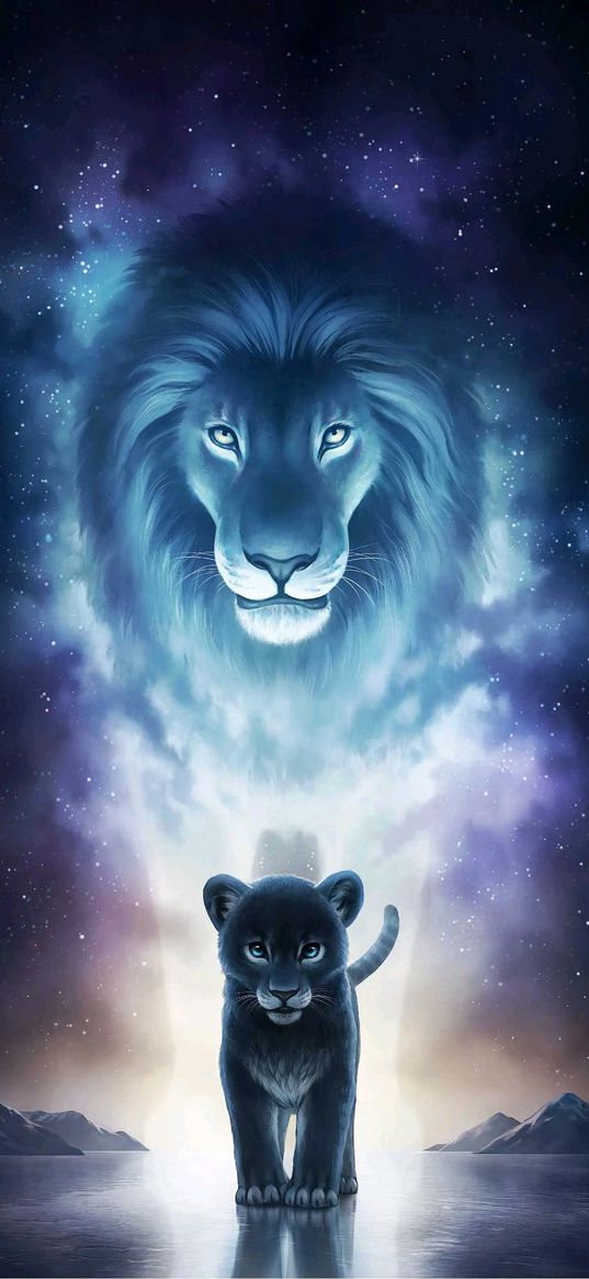 lion, young lion, spirit, starry sky, mountains, art, dark