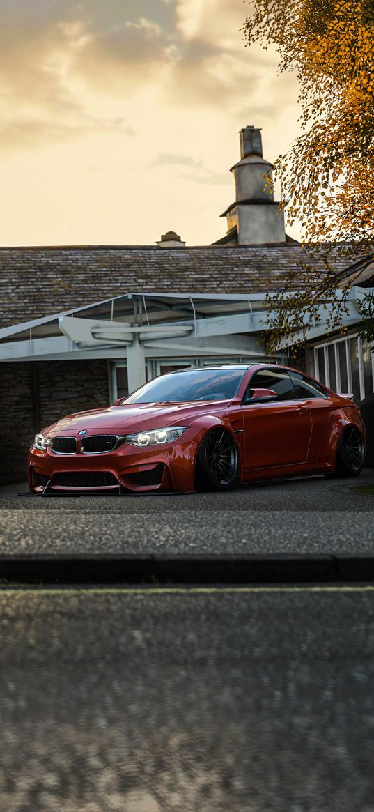 bmw m4, bmw, car, red, house