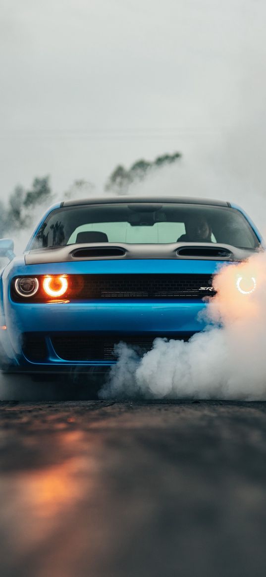 dodge challenger, dodge, car, blue, headlights, smoke