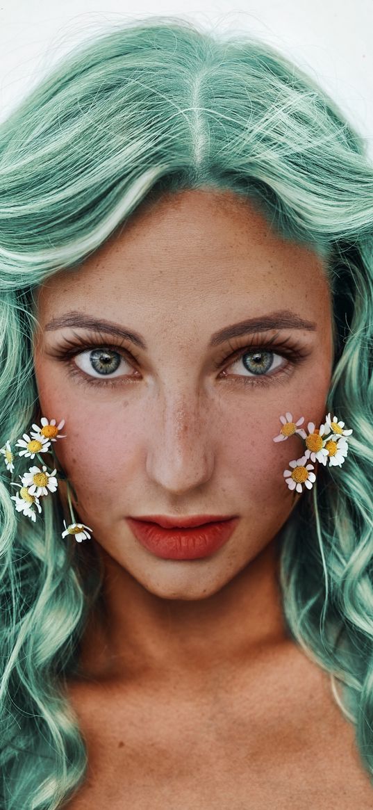 girl, model, turquoise hair, daisies, flowers