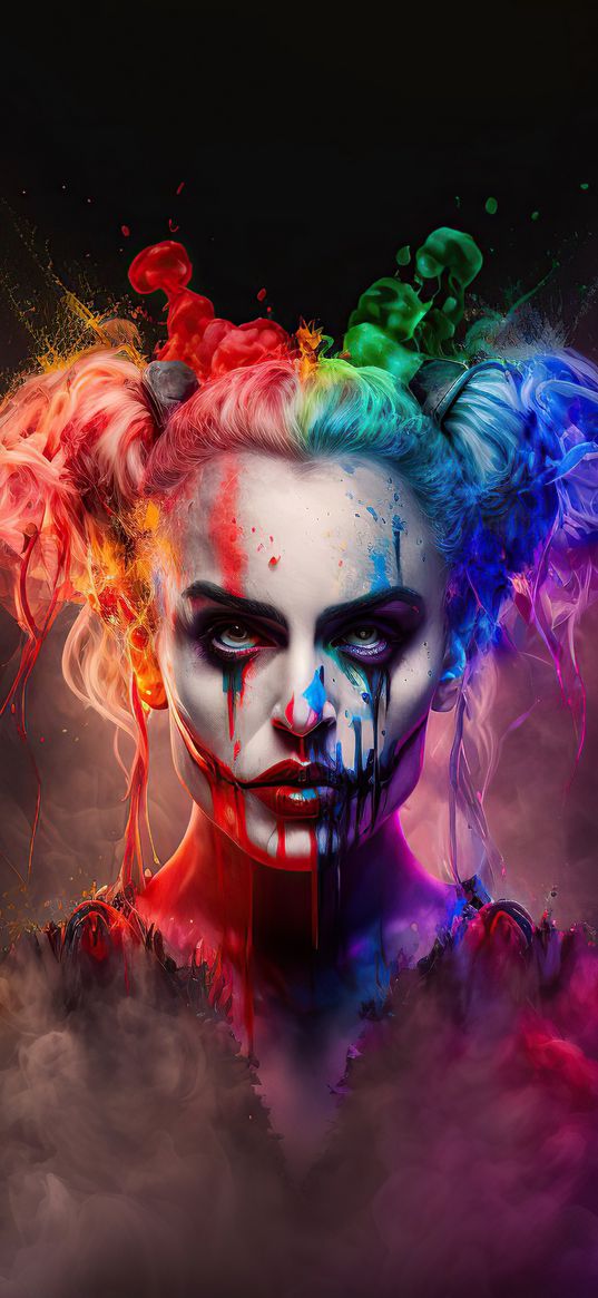 girl, clown, paint, smoke, art