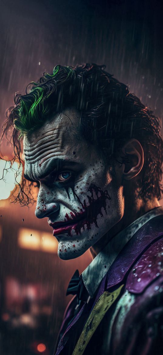 joker, dc, character, villain, portrait, rain, art