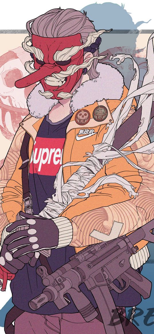 guy, oni mask, katana, weapon, jacket, nike, supreme, stylish, art