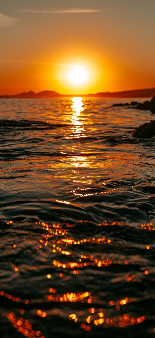 waves, sea, rocks, shore, sun, sunset, sky, evening, nature