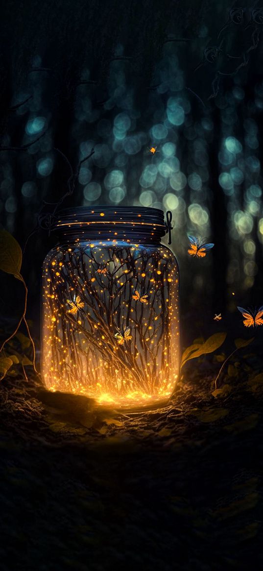 jar, butterflies, fireflies, lights, forest, night, ai, art