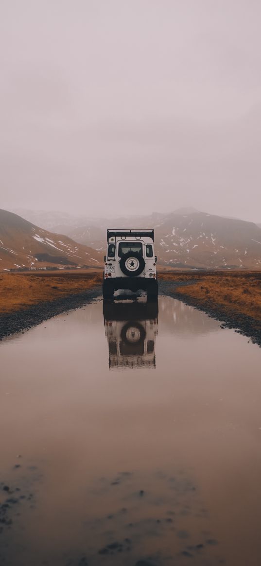 car, suv, puddle, mountains, fog, nature, iceland