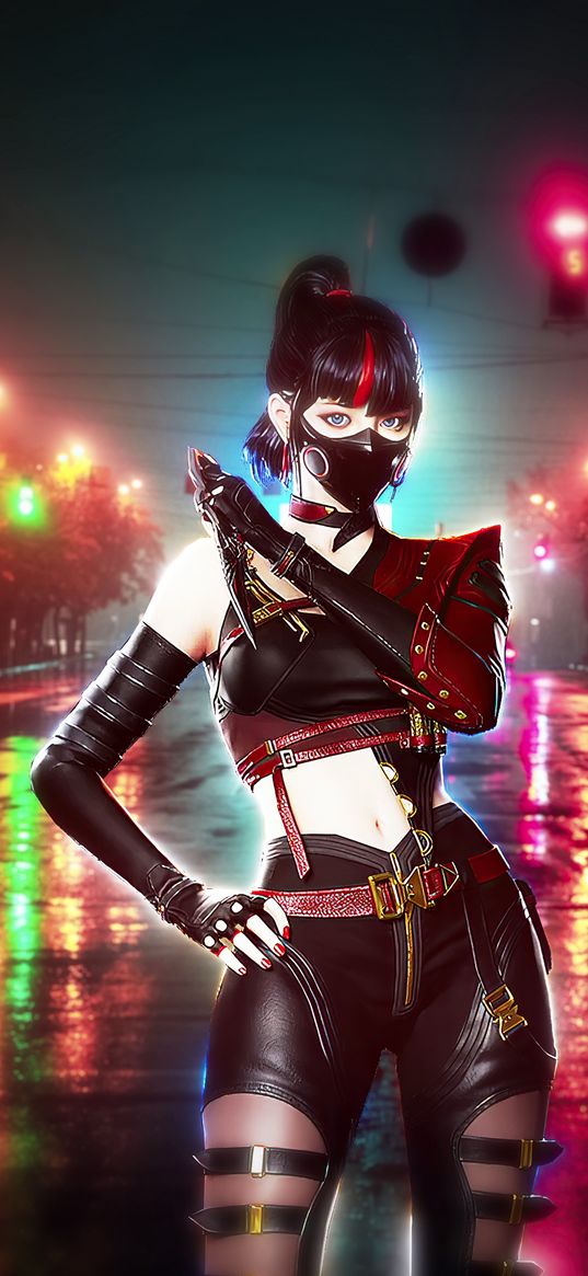 girl, assassin, mask, dagger, street, lights, night, art