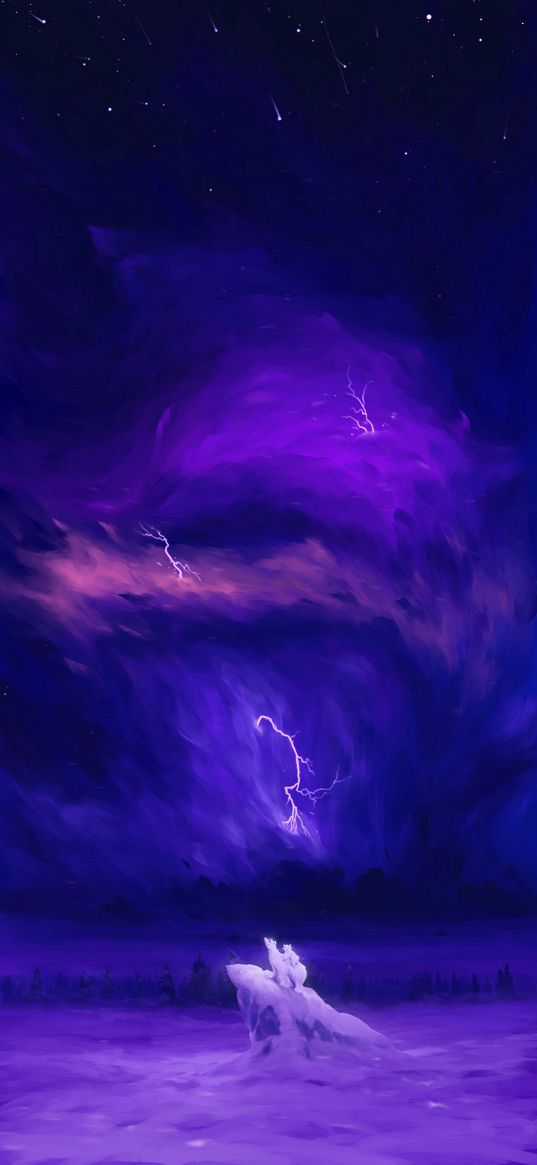 hill, ice, snow, bears, storm, lightning, forest, art, purple, dark