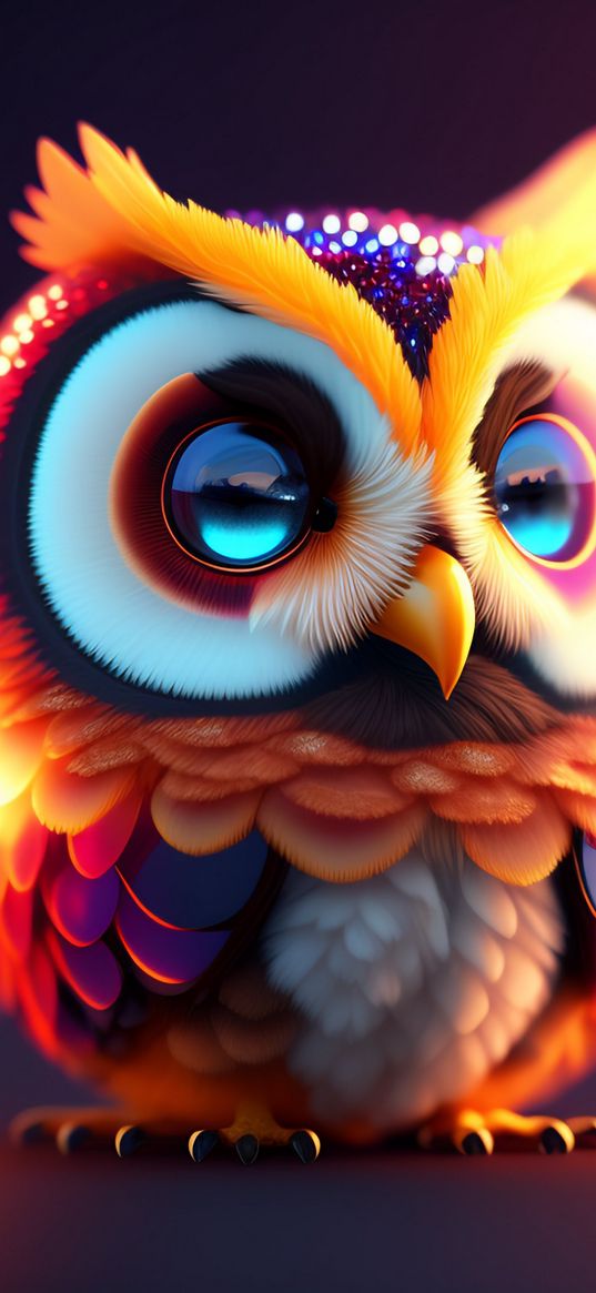 owlet, bird, color, bright, 3d, art