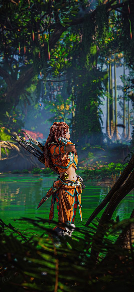 aloy, horizon, game, character, lake, plants, forest