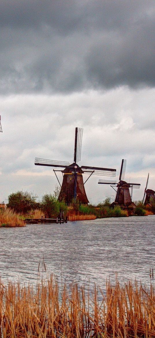 river, mill, wind, clouds