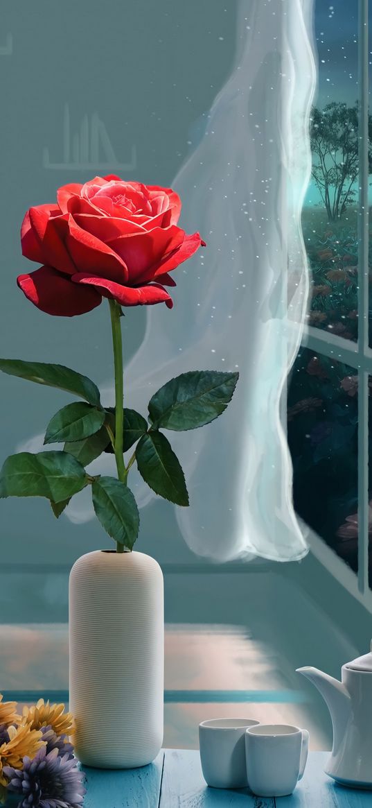 rose, flower, vase, service, window, art