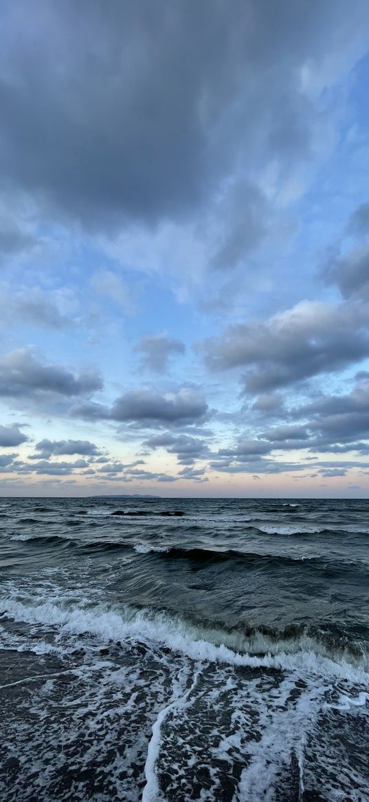 sea, waves, foam, sky, clouds, dawn