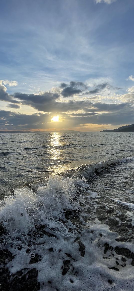 sea, waves, horizon, sky, clouds, sun