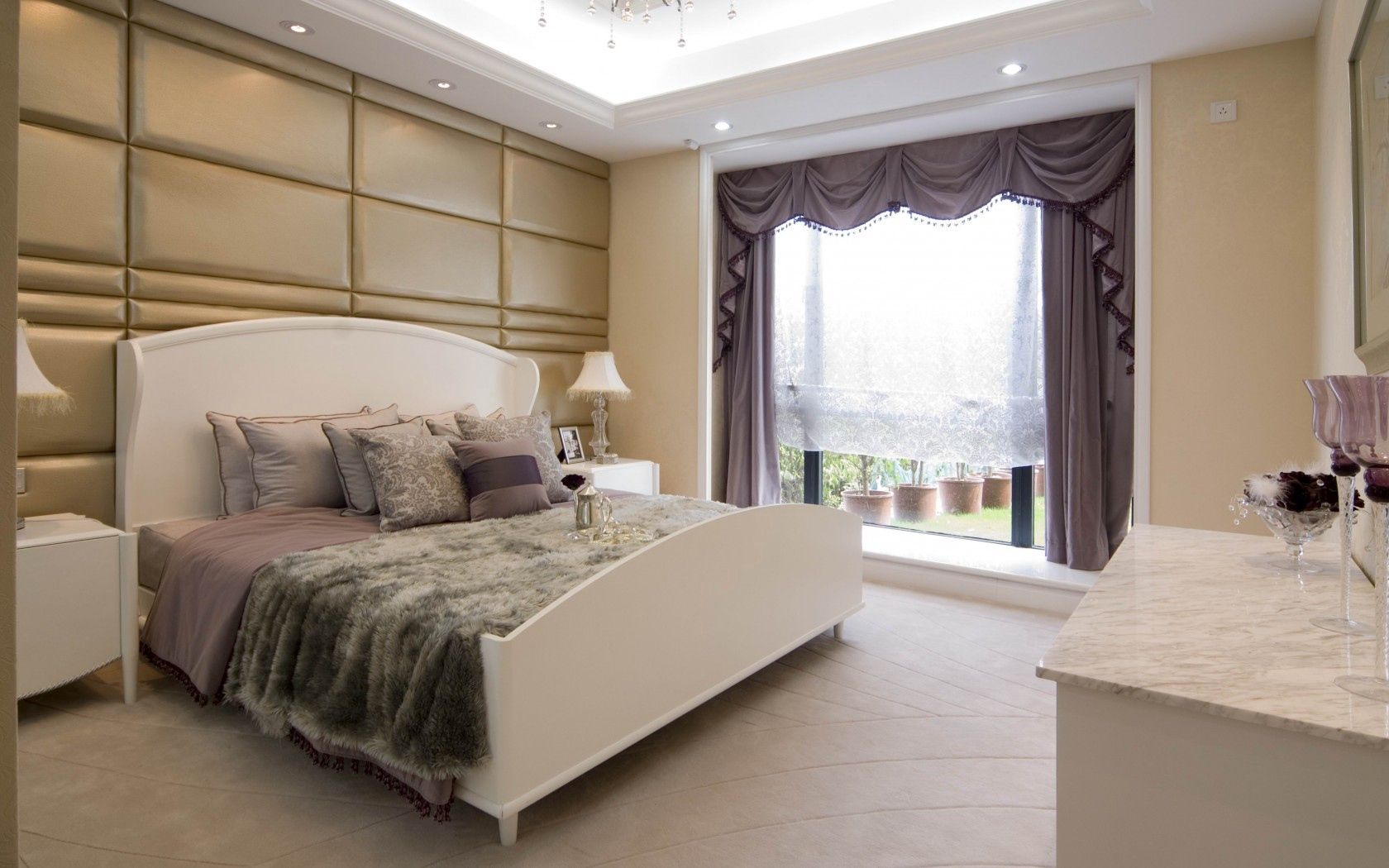 room, bedroom, bed, curtains, window, pillows, lamps, tea, interior