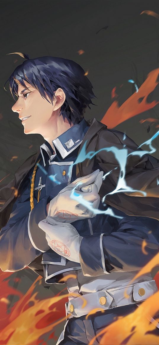 roy mustang, fullmetal alchemist, anime, character, fire, art