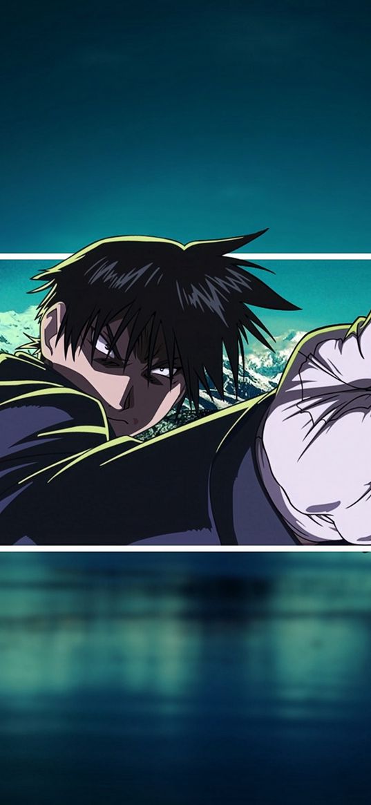 roy mustang, fullmetal alchemist, anime, character, hand, landscape, art