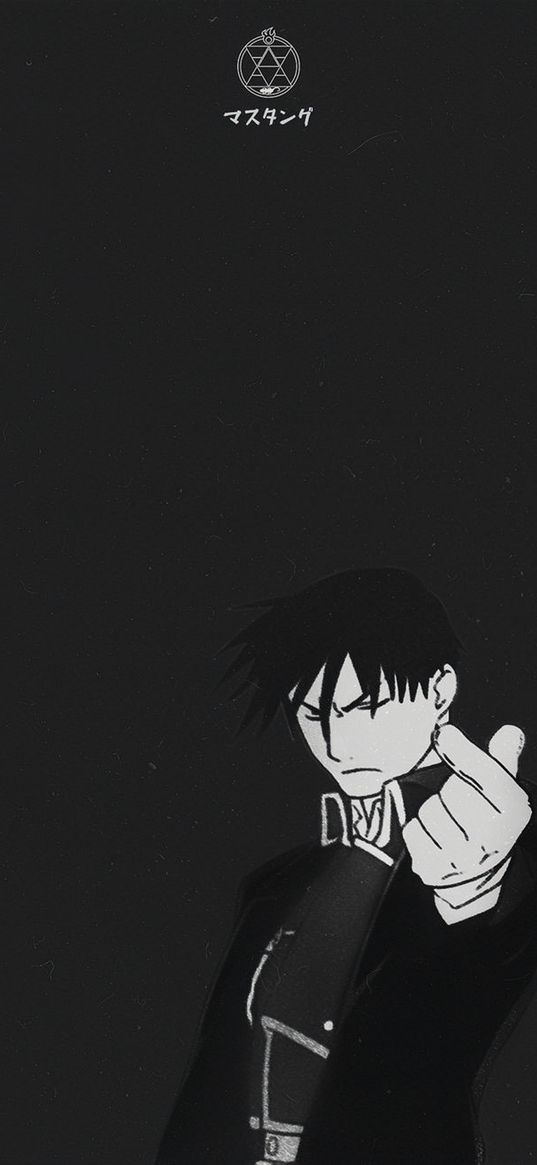 roy mustang, fullmetal alchemist, anime, character, hand, gesture, black and white, art