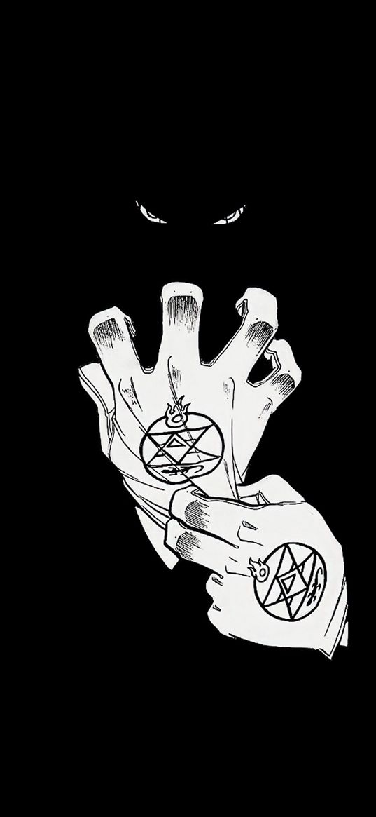 roy mustang, fullmetal alchemist, anime, character, hand, eyes, black background, art