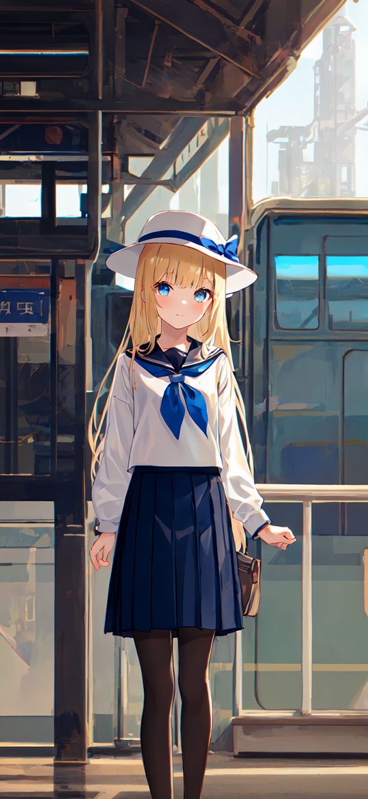 girl, hat, journey, station, anime, art