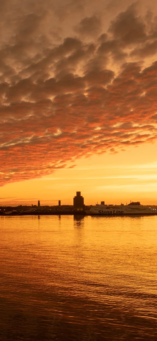 port, sunset, sea, city, liverpool