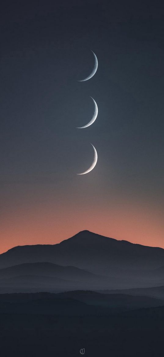 hills, mountain, sunset, night sky, moons