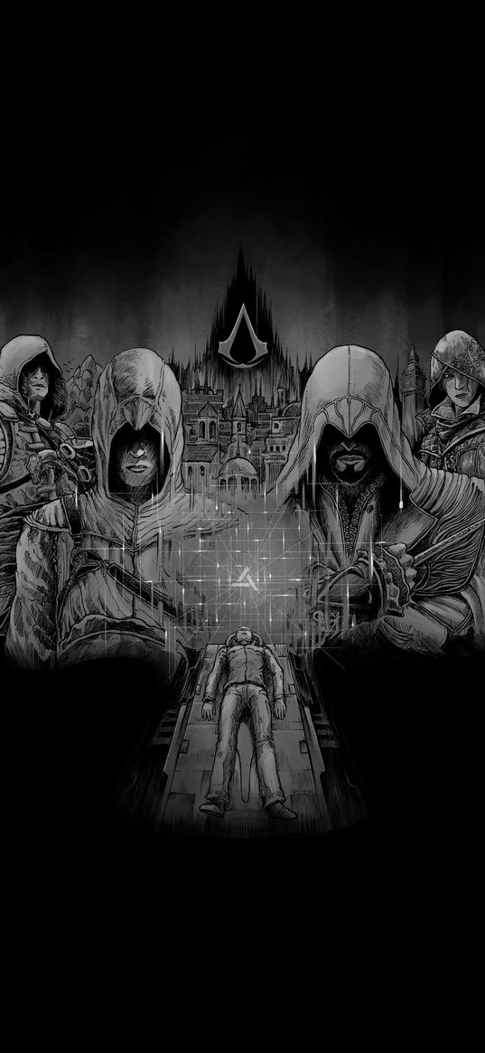 assassin's creed, game, emblem, logo, characters, black and white