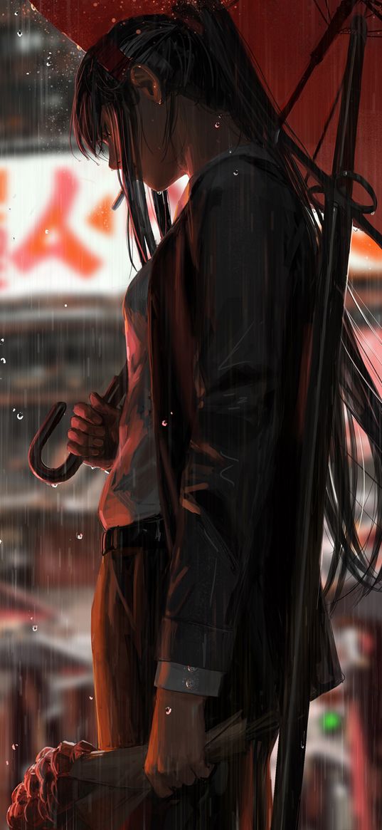 girl, rain, umbrella, bouquet, katana, dark, art