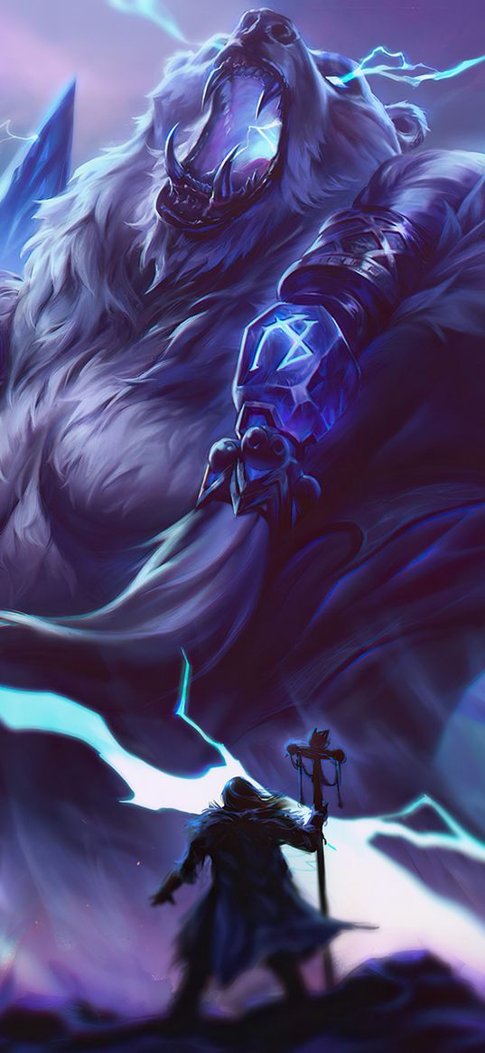 volibear, bear, league of legends, game, lightning, trees, art