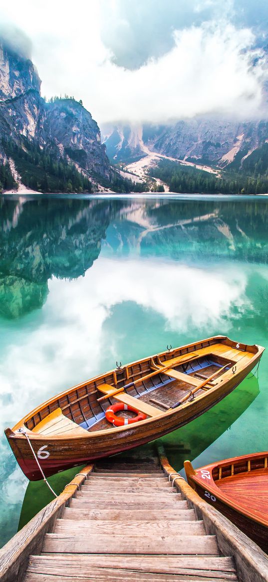 boats, pier, lake, forest, mountains, clouds, landscape, nature