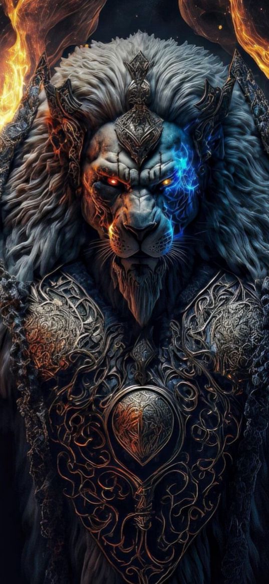 lion, armor, fire, fantasy, predator, animal, art