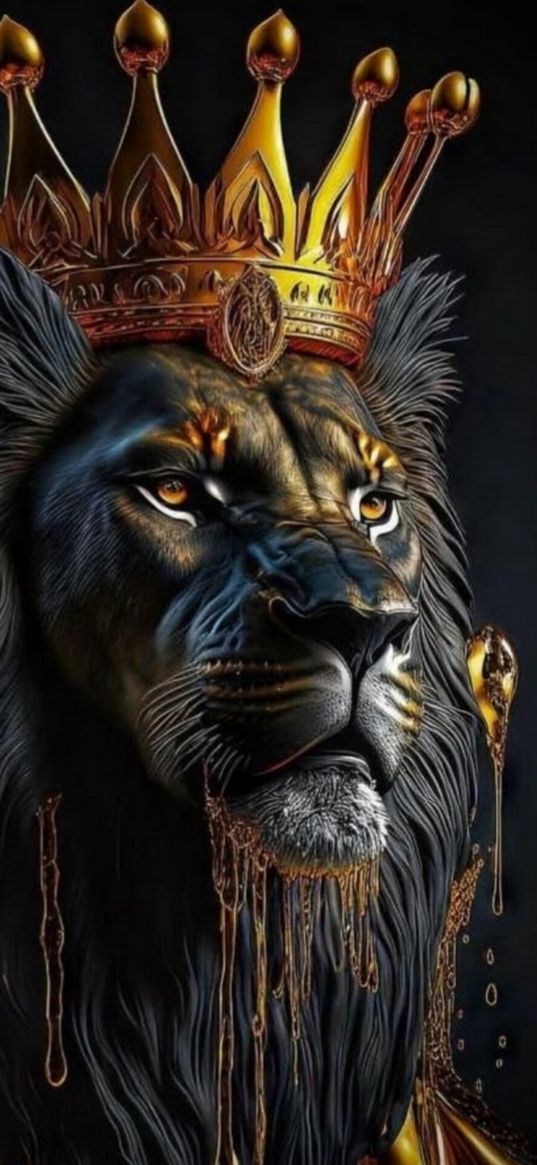 lion, crown, king, head, predator, animal, black, gold, art