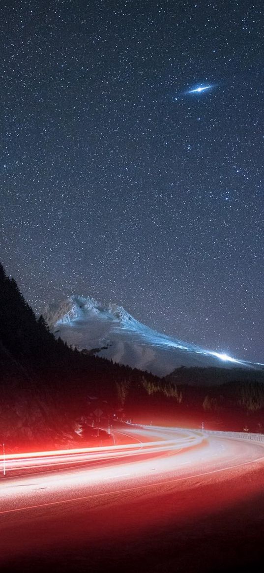 road, headlights, lights, timelapse, trees, forest, mountain, starry sky, stars, night, landscape, nature