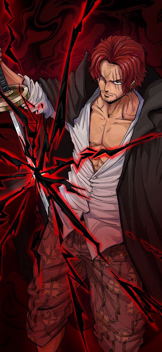 shanks, one piece, anime, man, warrior, katana, mania, red background, art