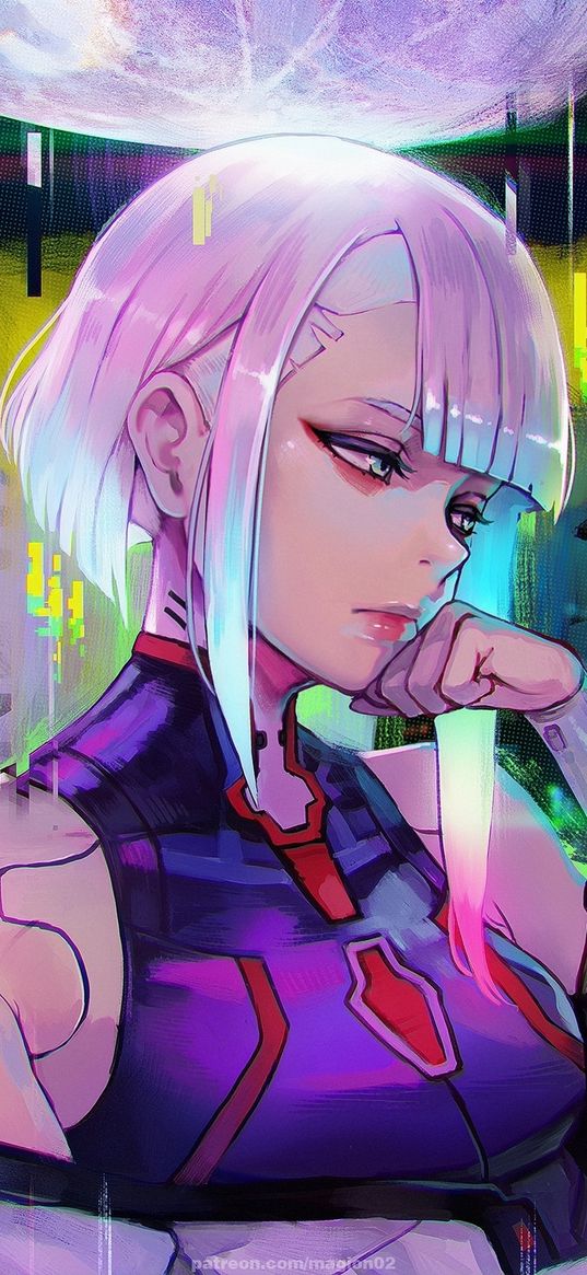 lucy, cyberpunk, anime, girl, beautiful, sad, short hair, implants, cyborg, robot, paints, art