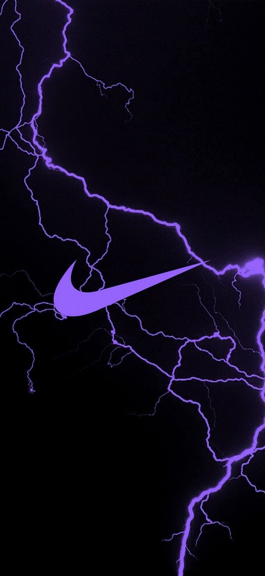 nike, lightning, brand, logo, purple, black background